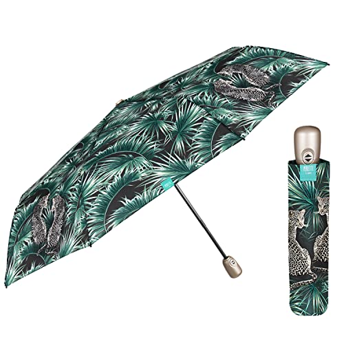 Parapluie Pliant Automatique Motif Léopard Feuilles Femme - Mini Parapluie Imprimé Jungle Guépards Microfibre Solide Resistant au Vent - Parapluie Compact Incassable Fille - Diamètre 98 cm (Léopards)