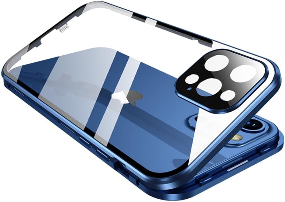 KMXDDLockable Magnetic Case for iPhone 15 Pro Max with Safety Lock Screen Protector Camera Lens Protector Double-Sided Glass 360° Full Body Bumper Cover Clear Case (15ProMax, Blue)