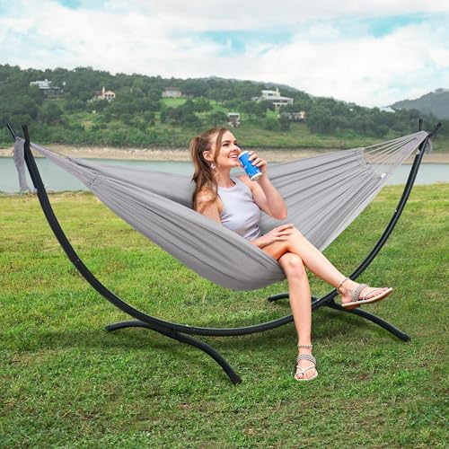 Image of SUNCREAT Stand Alone Hammocks for Outside, 2 Person Self Standing Hammock, Light Gray
