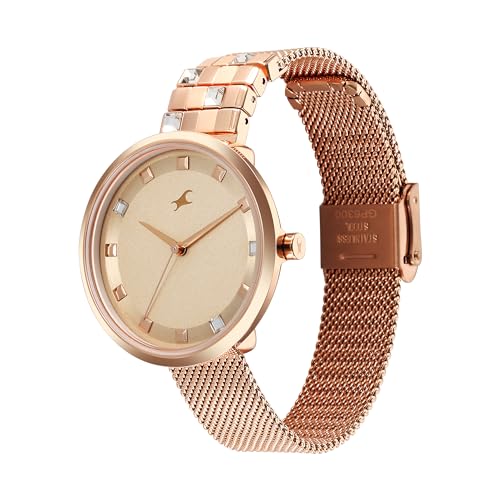 Image of Fastrack Fleek Quartz Analog Beige Dial Rose Gold Stainless Steel Strap Watch for Girls - NT6300WM01