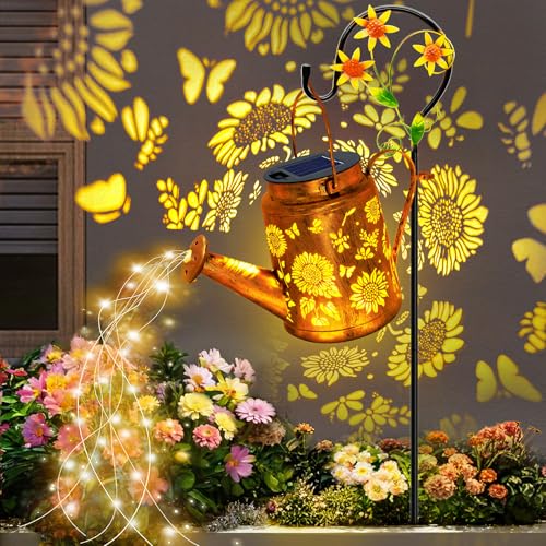 Solar Lights Outdoor Waterproof Sunflower Solar Watering Can Lights with Shepherd Hook Birthday Gifts for Mom Grandma Women Mothers Day Metal Hanging Lantern Garden Decor Yard Outside Patio Lawn
