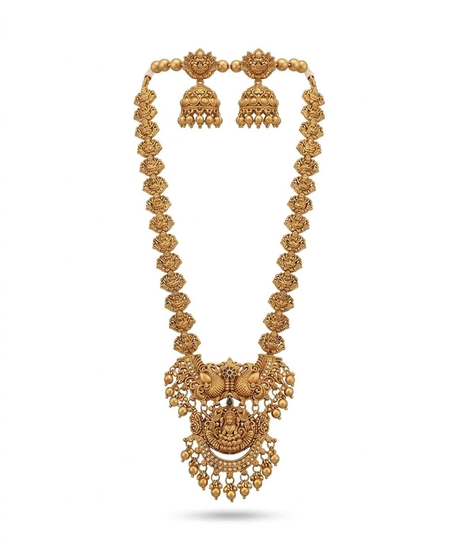 Adstrum Antique Gold Plated Lakshmi Temple Jewelry Long Necklace Set for Women | Traditional South Indian Bridal Wedding Haram with Jhumka Earrings | Ethnic Kemp Stone Jewellery