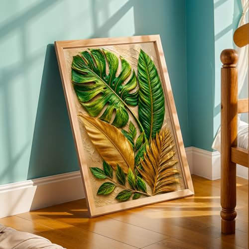 Image of NoWorries 3D Tropical Leaf Wall Painting with Frame Set of 1 | Premium Textured Green & Gold Monstera Palm Leaves Artwork, Luxury Botanical Nature Wall Decor for Living Room, Bedroom, Office and Home Decoration (3d Art-10,13x19inch)
