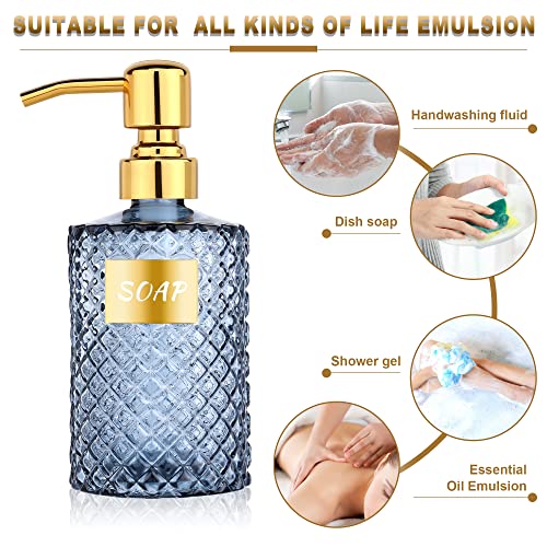 MOCLIF 12OZ Diamond Glass Dispenser with Gold 304 Stainless Steel Bathroom Dispenser for Kitchen,Hand Soap,Shower Dish Soap,Lotion and other Liquids(Blue) - Image 4