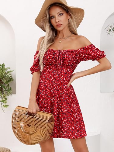 Missufe Women's Puff Short Sleeve Fit and Flare Casual Drawstring Floral Mini Sun Dresses 2025 Summer Vacation3