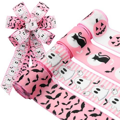 Craflox Pink Halloween Wired Ribbon for Wreath Bows 4 Rolls 2.5 Wide 20 Yards Total Pastel Girly Halloween Ghost Wired Ribbons for Crafts Supplies Pumpkin Cat Ribbon Bow