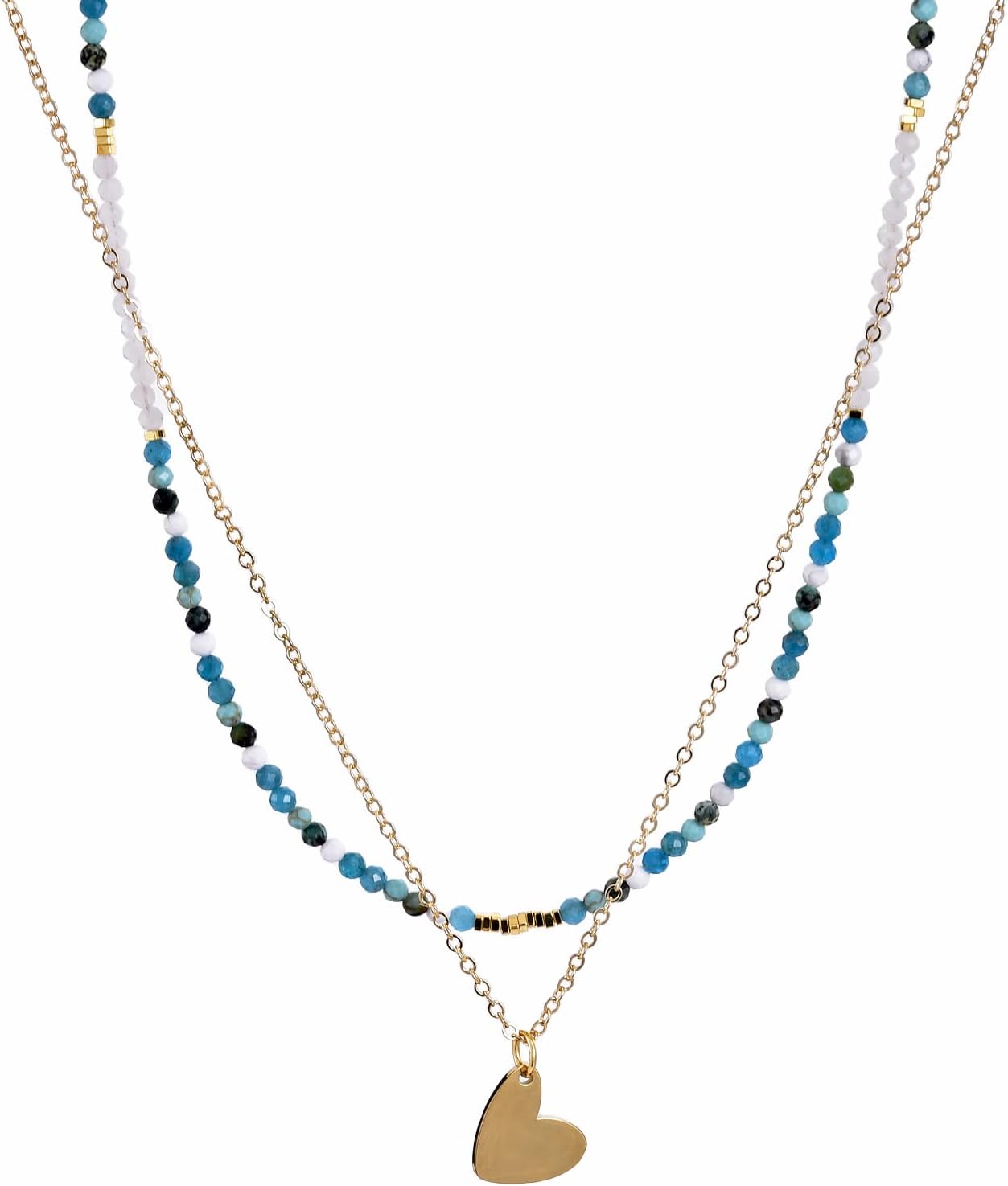 Layered Gemstone Necklace Set – 18K Gold Plated Copper Chain with Heart Pendant & Beaded Choker with Gold Square Spacers