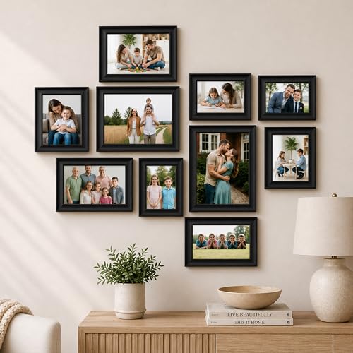 Image of Art Street Wooden Collage Photo Frame Set of 10 for Wall Decor | Multi Size Family Picture Frames Gallery Wall Set | Wooden Photo Frames for Living Room, Bedroom, Hallway & Home Decoration (Black)