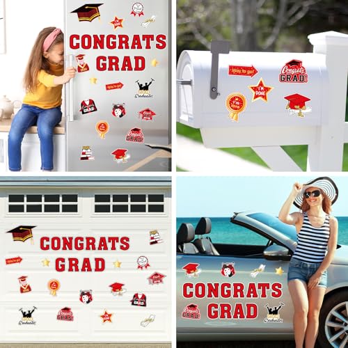 Image of JarThenaAMCS 28Pcs Graduation Car Magnets 6 Inch 2026 Congrats Grad Cap Refrigerator Stickers Automotive Cruise Garage Door Magnetic Decals for Mailbox Metal Cabinet Decor (Red, Gold)