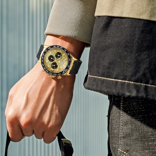 Image of senstone Mens Watch Panda Chronograph Diamond Dial Fashion Quartz Wrist Watch Analog Business Waterproof Rubber Strap Sport Watch for Men