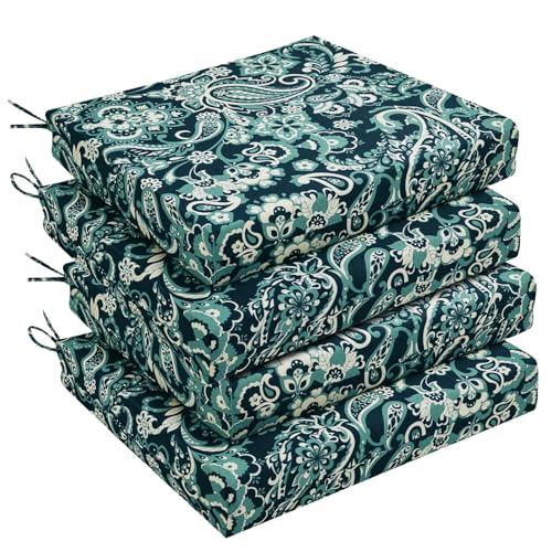 downluxe Outdoor Chair Cushions Set of 4 for Patio Furniture, Water-Resistant Square Corner Patio Chair Cushions with Ties, High Density Foam Outdoor Seat Cushion, 18.5" X 16" X 3", Green Paramecium