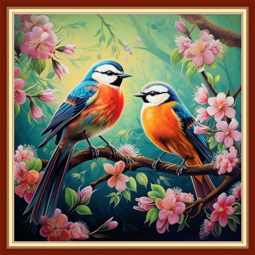 Image of Disxvivy Cross Stitch Stamped Full Embroidery Kits DIY 11CT Cotton Thread Printed DIY Needlepoint Kits Craft Needlework Set Cross-Stitch Stamped Sets-Singing Birds Fragrant Flowers 18x18 inch