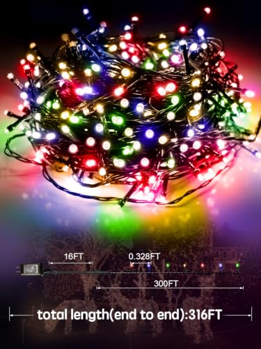 ROOR 300FT 1000 LED String Lights Outdoor, Christmas Tree Lights Multicolor with Remote Control, 8 Modes Fairy Light Plug in Outside IP65 Waterproof for Backyard Porch Party Wedding - image 6