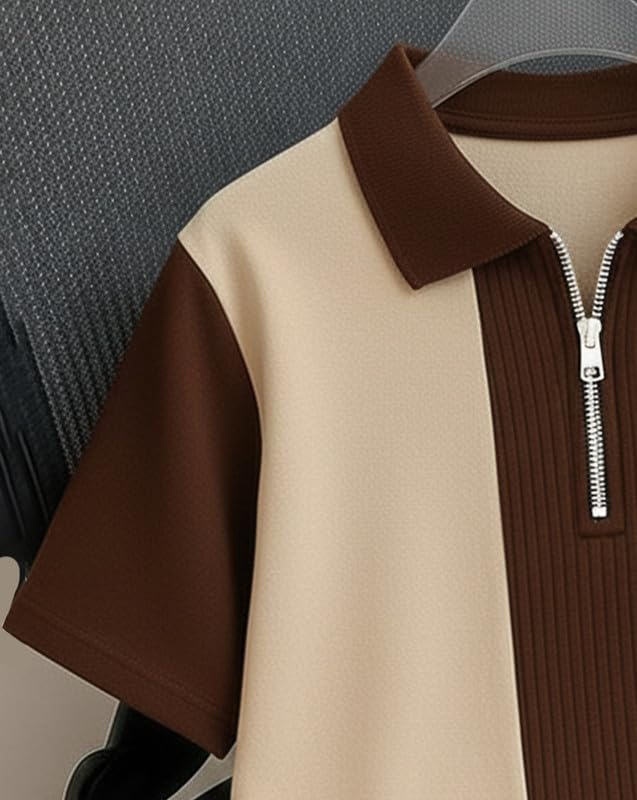 Image of AUSK Men's Textured Vertical Striped Knit Polo T-Shirt | Half Sleeve Zipper Neck Self-Design Casual Tee | Mens Tshirts