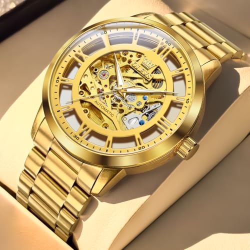 Image of OLEVS Mens Automatic Watch Skeleton Diamond Luxury Mechanical Self Winding Dress Wrist Watch Waterproof Luminous