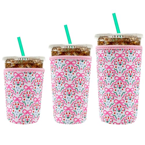 Image of YR Reusable Neoprene Insulator Sleeve for Iced Coffee Cups, 3 Pack Coffee Coolies sleeves for Iced & Hot Drinks, Cold Beverage Cooler Compatible with Starbucks Coffee and More (Pink Bows)
