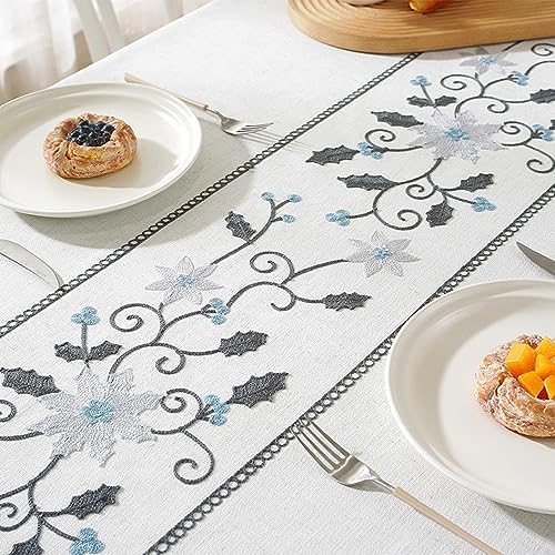 Nappe bleu gris brodée à fleur 140x300 pour table rectangulaire