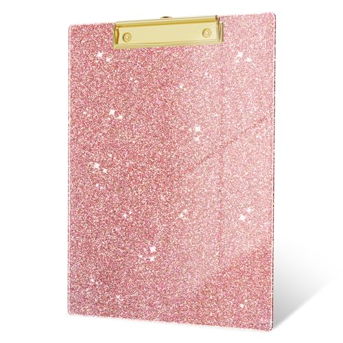 Image of Acrylic Confetti Clipboards, Sparkly Clip Board with Low Profile Gold Clip, Designed for Classroom School and Office Use, A4 Letter Size 9 x 12.5 in, Cute Pink
