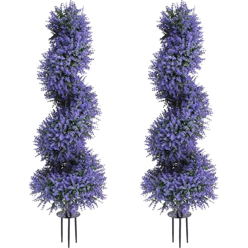 PATIO CHOICE 3ft Artificial Topiary Spiral Trees with Lavender Set of 2 High End Outdoor Faux Plants Realistic Fake Bushes Lilac Shrubs Decorations for Outdoor Front Porch Garden