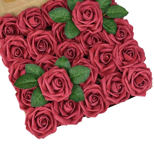 MUNSKT 25Pcs Red Roses Artificial Flowers,Valentines Day Decoration,Lifelike Rose DIY Craft Flower for Wedding Bridal Bouquet Centerpiece Arrangement Party Home Decor