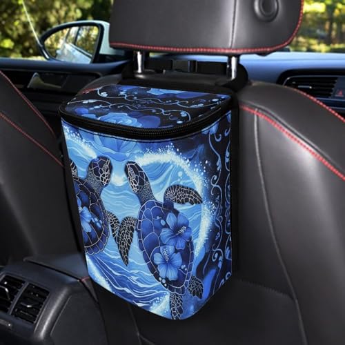 Image of Talayituse Turtle Hibiscus Print Car Trash Can with Adjustable Straps, Foldable Car Trash Bag Bin Car Garbage Bag Multipurpose Storage Box for Vehicle Travel Camping Picnicing