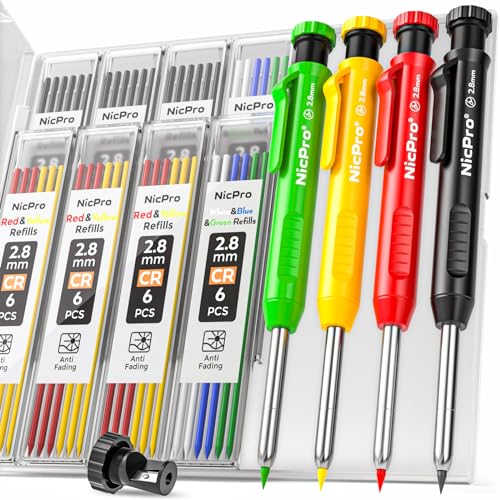 Nicpro Tieflochmarker Bleistift Set, 4 Solide Zimmermannsbleistifte mit 52 Minen, Bohrlochmarker Druckbleistift, Tischler Bleistift mit Eingebauter Spitzer für Holzbearbeitung, Baustelle mit Etui