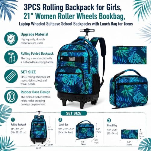 Image of 3Pcs Rolling Backpack for Men, 19 Inche Adult Bag with Roller Wheels, Wheeled Bookbag Set for Boys - Green