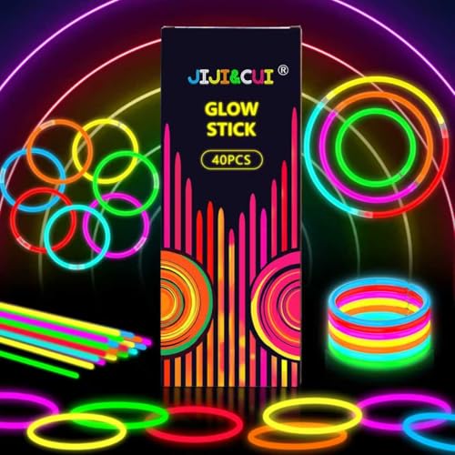 JIJI&CUI Glow Sticks 40pcs [8-Hour Ultra Bright] | Eco-Friendly & Non-Toxic Party Supplies for Kids Festivals Concerts Halloween Sports Events | 40+ Connectors with Boxed Set (CE Certified)