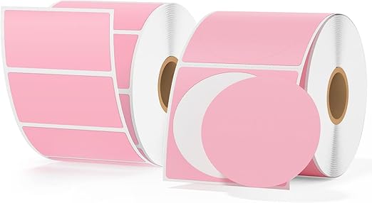 MUNBYN Thermal Labels, Square and Circle Pink Thermal Stickers for Logo Design, QR Code, Inventory, 2" Round 750 Sheets/Roll & 2.25"x1.25" 1000 Sheets/Roll
