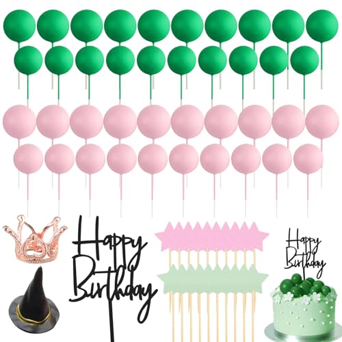 Kighdel 63PCS Pink Green Witch Theme Party Cake Toppers Princess Crown Hat Broom Star Wand Cake Toppers Decorations for Birthday Party Supplies
