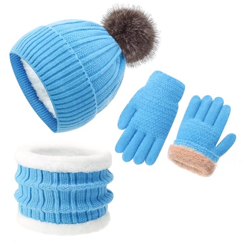 Image of Kids Winter Beanie Hat Gloves Scarf Set 1-10 Years Old Girls Boys Mittens Knit Neck Warmer Warm Fleece lining