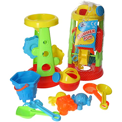 Summer Fun Sand and Water Play Set Beach Toys with Tower Bucket and Tools Ages 18+ Months - Waterwheel Beach Set