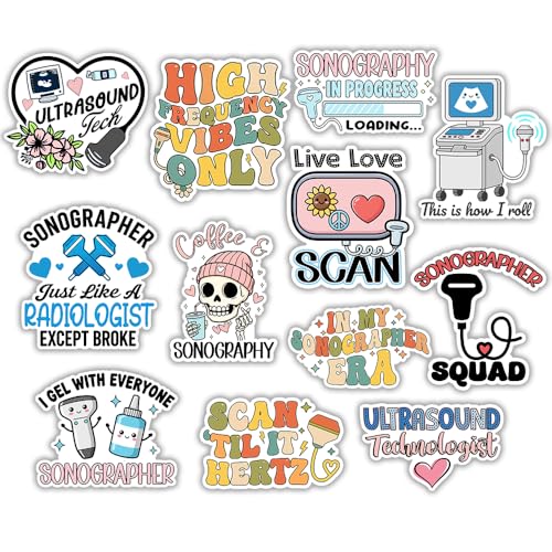 MAIANEY (12Pcs, 3in) Sonographer Sticker Pack for Ultrasound Tech – Cute Vinyl Decals for Sonography Students, Radiology School, Medical Laptop Stickers, Waterproof Gifts for Ultrasound Technologists