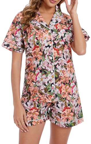 Image of LUBOT 100% Cotton Pajamas for Women 2 Piece PJ Set Poplin Woven Lightweight Ladies Button Short Sleeve Sleepwear S-XXL