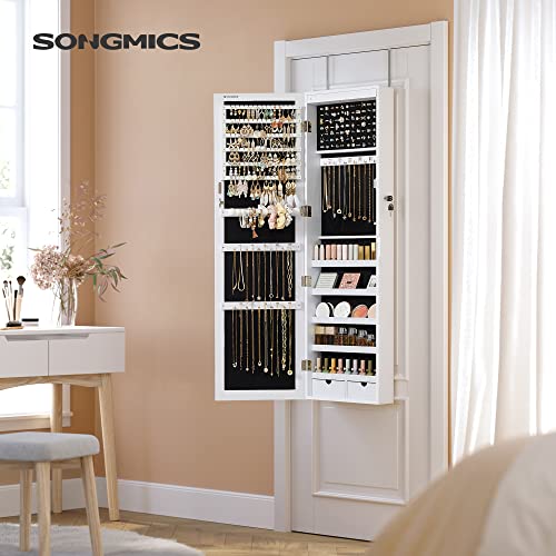 Image of SONGMICS 6 LEDs Mirror Jewelry Cabinet, 47.2-Inch Tall Lockable Wall or Door Mounted Jewelry Armoire Organizer with Mirror, 2 Drawers, 3.9 x 14.6 x 47.2 Inches, White UJJC93W