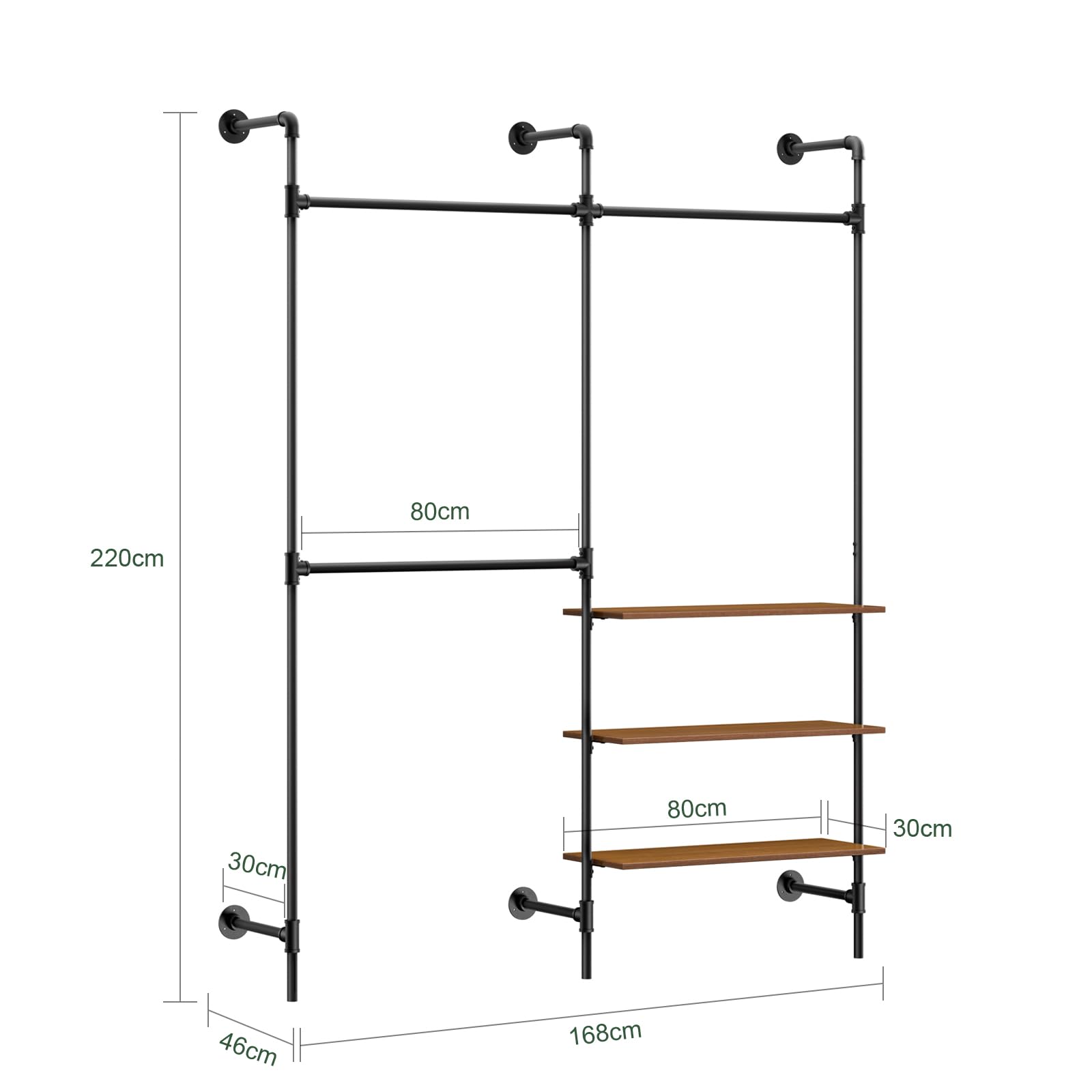 SoBuy perchero de pared con 3 barras y estantes MDF, 168x46x220cm entrada | Perchero industrial para ropa con almacenamiento vertical, estructura práctica para dormitorio, color negro, KLS18-SCH