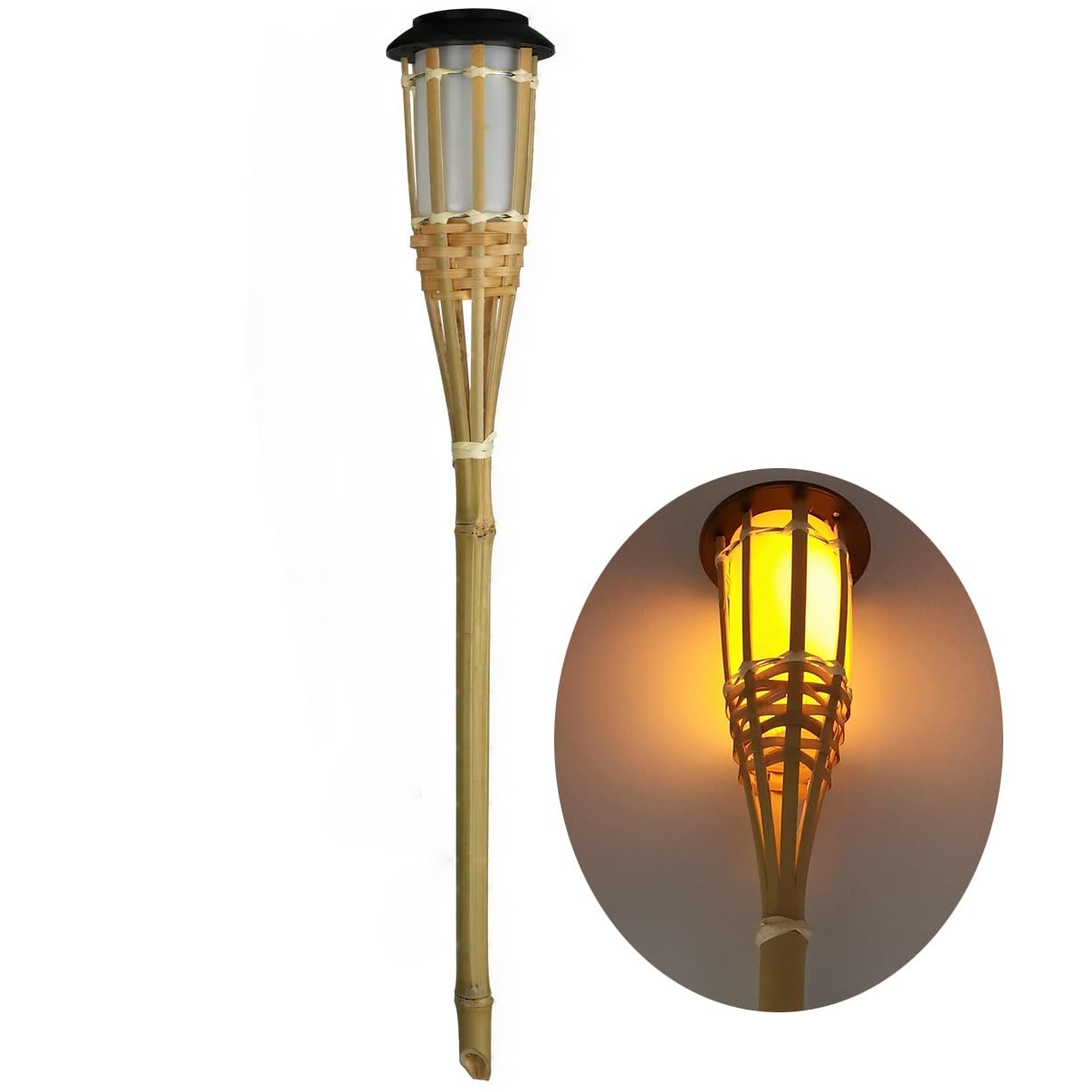 Solar-Gartenfackel mit flackerndem Flammeneffekt, 60 cm Outdoor-Solarleuchte mit Bambusfurnier, IP65 wetterfest, warmweiß, mit Erdspieß für Garten, Terrasse und Wege,4 Stück