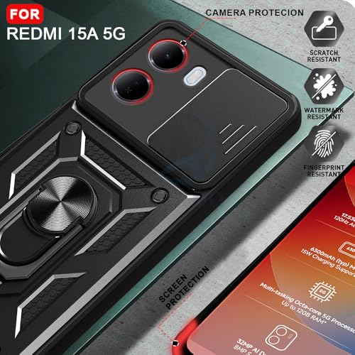 Image of AESTMO Tough Armor Redmi 15A 5G Bumper Back Case Cover | Ring Holder & Sliding Camera Shield Cover | 360 Degree Protection Back Case Cover for Redmi 15A 5G (Black)