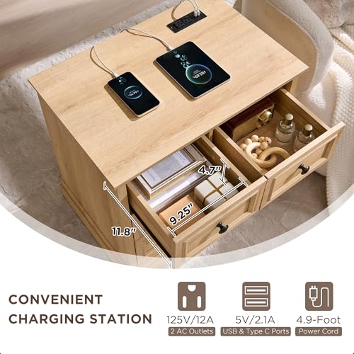 Image of ACCOHOHO 26 inch W Nightstands Set of 2, Farmhouse End Table with 4 Drawers for Storage, Nightstand with Charging Station for Bedroom, Natural Oak