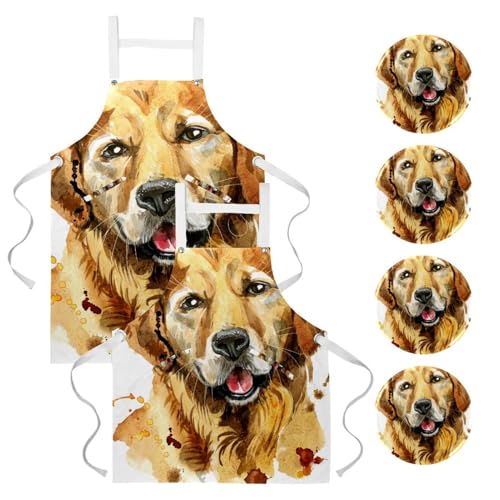 Tablier de cuisine lot de 2 avec motifs golden retriever et 4 broches incluses