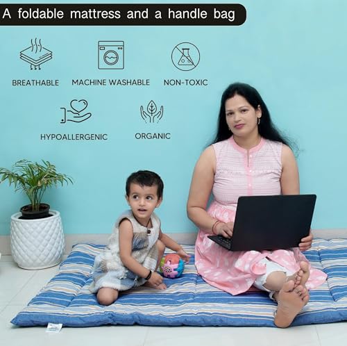 Image of NEXTGO Multi Purpose Foldable Mattress with Carry Bag | Portable & Lightweight Gadda | Suitable for Outdoor Travel Camping, Yoga, Meditaion Mat (Blue White Lining, Double: 48x78 Inch Or 4x6.5 Feet)