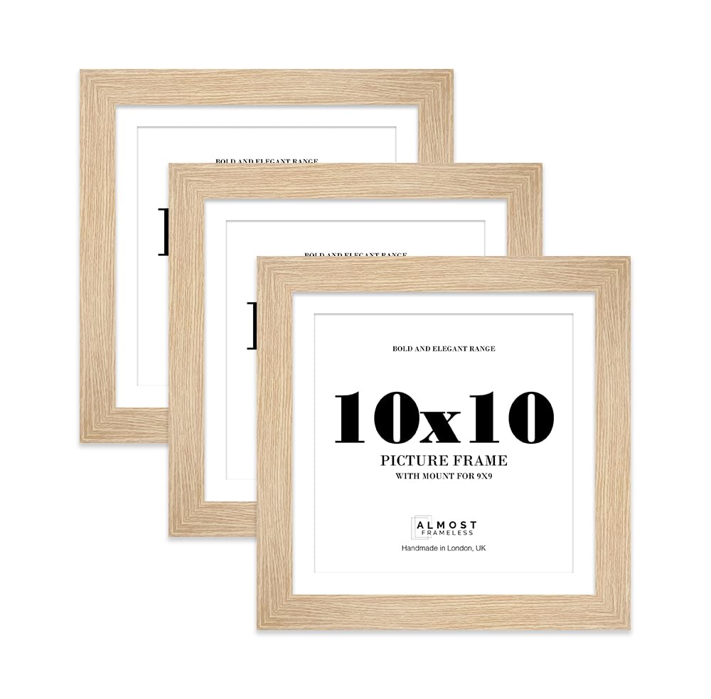 10x10" Oak Square Frame With Mount for 9x9" Pictures 28mm Edge Frame Display with Wall Hooks and Kickstand, 3 Pack
