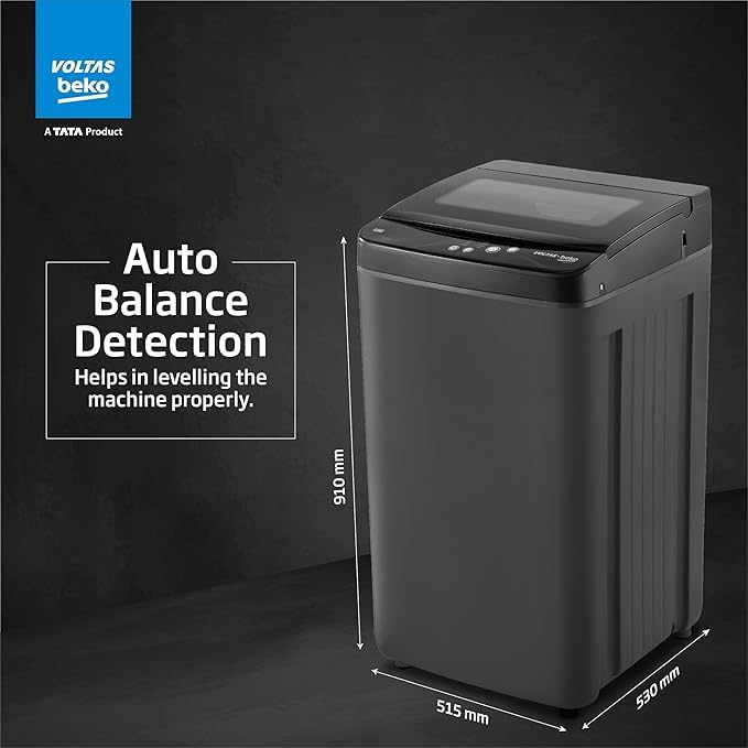 Voltas Beko washing machine with dimensions and Auto Balance Detection feature highlighted