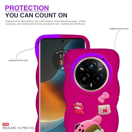 Image of AESTMO Back Case Cover for Realme 14 Pro 5G | 3D Cute Fun Cartoon Characters | Anti Slip Grip Cute Wave Curly Frame Shape | Back Cover for Realme 14 Pro 5G (Red)