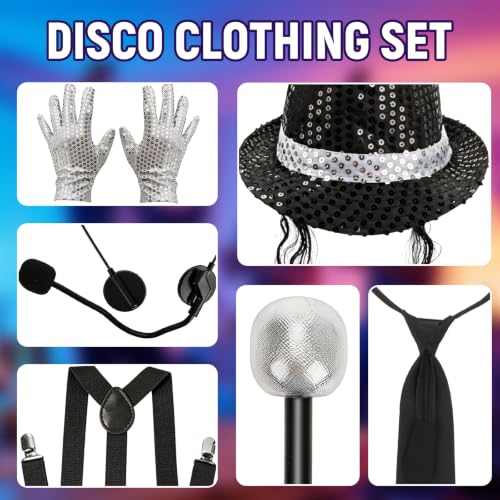 Wvu & Wvo 8 Popstar Costume pour homme, danseuse des années 70 et 80, déguisement avec chapeau, lunettes de soleil, gants, bretelles, nœud papillon, cravate, chaussettes, pour carnaval, Halloween – vue 7
