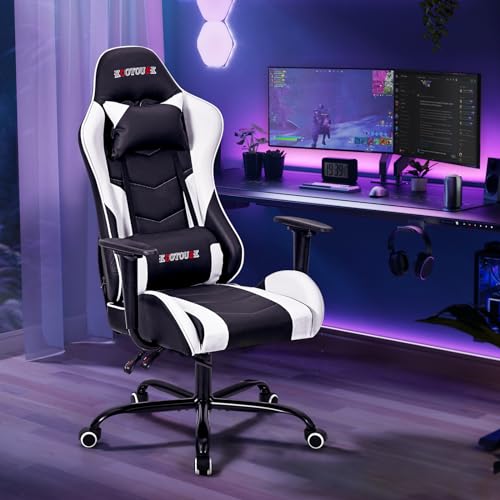 Image of ECOTOUGE PC Gaming Chair Massage Ergonomic Office Desk Chair Racing PU Leather Recliner Swivel Rocker with Headrest and Lumbar Pillow, White