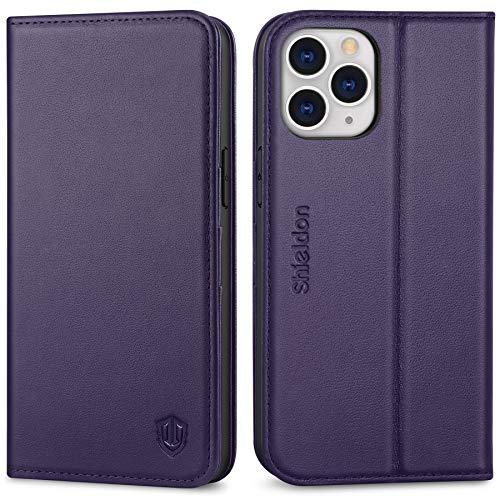 SHIELDON Case for iPhone 12 Pro Max, Genuine Leather Wallet Flip Cover Kickstand RFID Blocking Card Slots Magnetic Closure Shockproof Case Compatible with iPhone 12 Pro Max 5G (6.7 Inch) - Dark Purple