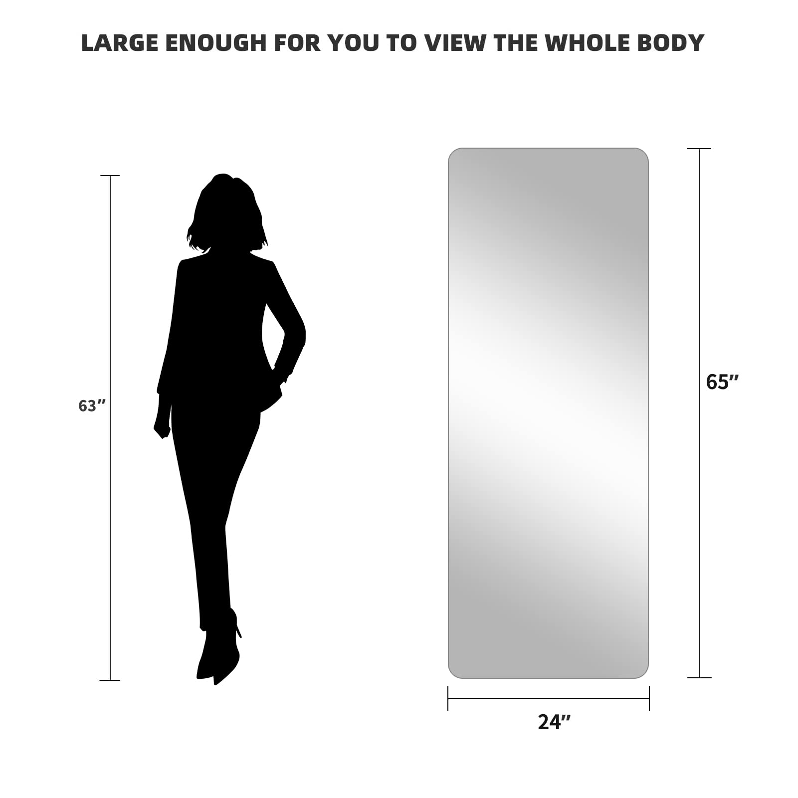 LAIYA 65”X24” Aluminum Floor Full Length Mirror Body Standing Large Tall Mirror Leaning Dressing Rounded Corner Rimless Big Long Stand Up Mirror for Bedroom 5MM Silver Mirror (Black)