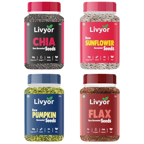 Image of Livyor 4 in 1 Super seeds Combo for eating - 800g (200gx4) | Chia Seeds, Pumpkin Seeds, Flax Seeds, Sunflower Seeds - Combo | Weight management | Healthy and Nutritious | Pack of 4