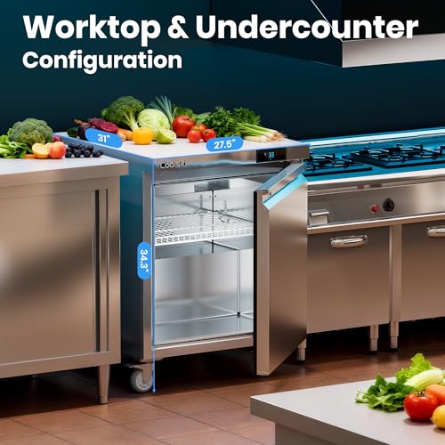 Image of Coolski Commercial Worktop Undercounter Refrigerator, 27 inch W Single Door Commercial Under Counter Fridge, 7.5 Cu.ft. Stainless Steel Fan Cooling Refrigerator for Restaurant, Bar, Shop, Kitchen Use